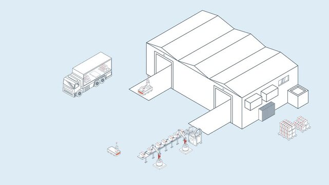 Autonomous Mobile Robots (AMR) and AGV Transporting Goods in Warehouse. Industry 4.0 Automation Concept. Isometric 4K Animation