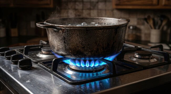 Pentola in ghisa con acqua che bolle su fornello a gas con fiamma blu. Generative AI 