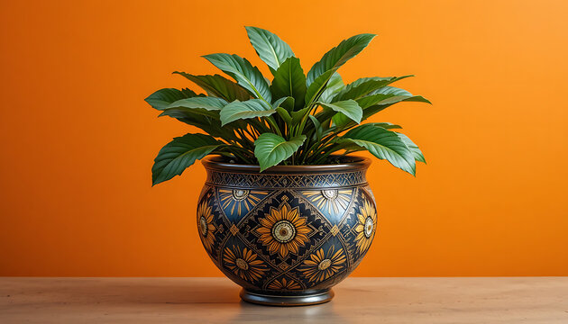 Potted plant with green leaves in a decorative black and orange pot on a wooden table against an orange wall