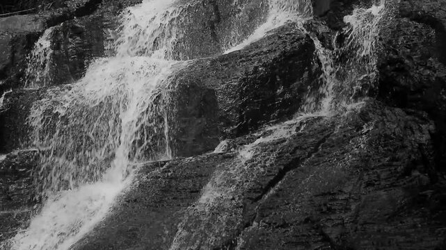 Black and White Waterfall Flowing Over Rocks Close Up Nature Background
