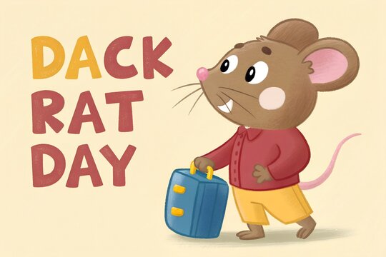 Cute cartoon rat carrying a blue suitcase for "dack rat day" with character