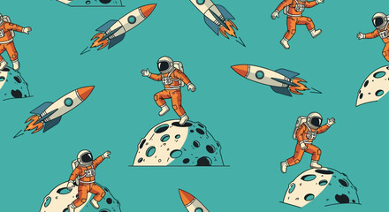 Fototapeta premium astronauts and rockets on a turquoise background space exploration pattern