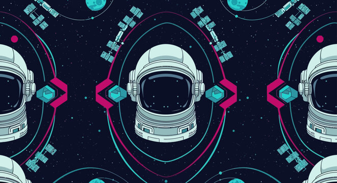 astronaut helmet in deep space with satellites and planets futuristic technology