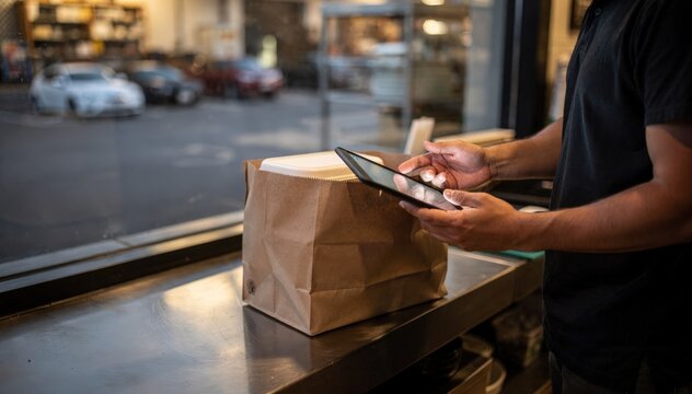 Medium shot showing restaurant employee verifying order details on a tablet while preparing a curbside pickup package with main hands sharp and surroundings soft.
