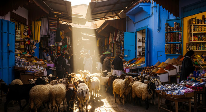 Flock of sheep walking through a bustling marketplace.