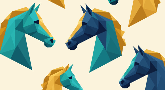 geometric horse heads in teal and blue with gold manes abstract pattern