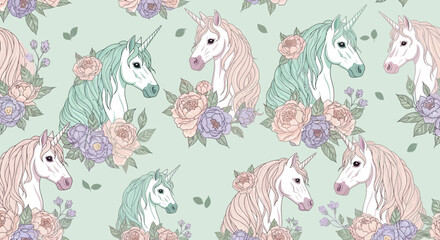 Fototapeta premium seamless pattern of magical unicorns adorned with pastel floral arrangements on a gentle green background for design