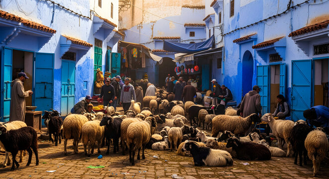 Flock of sheep gathered in a bustling market street.