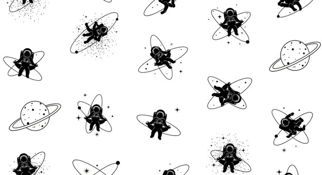 spaceman astronaut in meditative pose floating in orbit around planets and stars