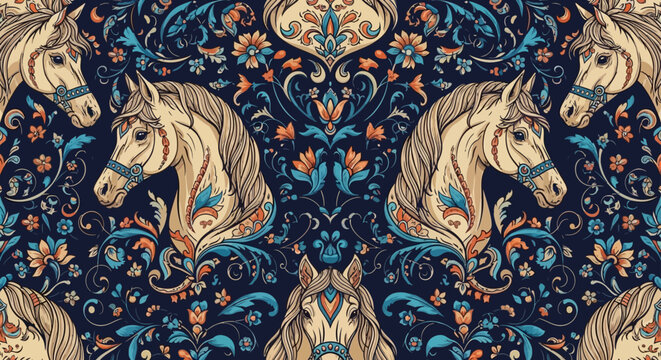 vintage floral seamless pattern with horses tapestry fabric design baroque style
