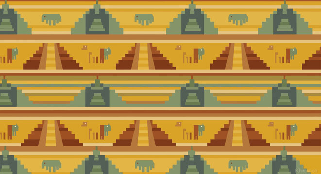 pixelated aztec pattern of ancient mesoamerican art featuring stylized animals and geometric pyramid structures perfect for textile design.