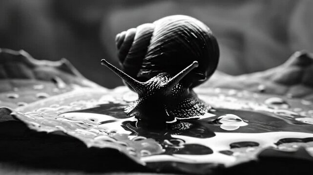 Black and white close up of a snail slowly moving across a wet leaf with water dripping and flowing