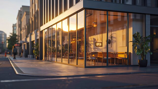 Modern cafe storefront exterior with large glass windows on quiet urban city street
