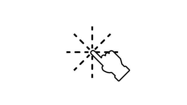 An outlined hand with click effect lines radiating outward on white background depicting a tap or click gesture animation