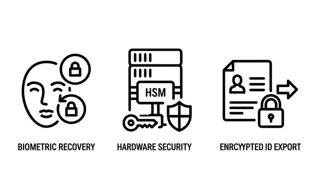Cybersecurity icon set depicting biometric facial recovery hardware security module and encrypted identity export with security biometric recognition encryption hardware identity protection