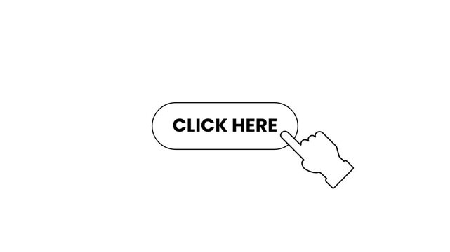 A click here button label with a cursor arrow icon in outlined style on white background for web ui interaction