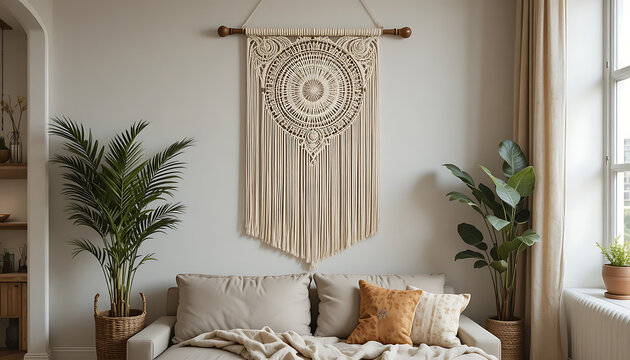 Macrame wall hanging, beige and white living room with plants and a couch