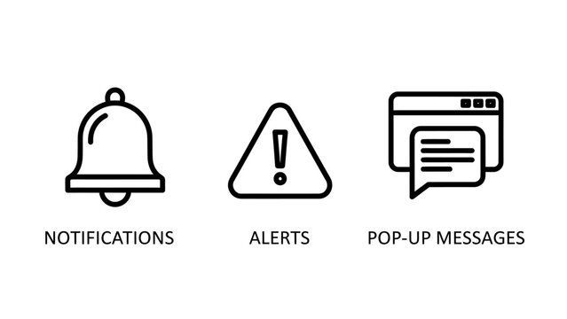 Notification alert and pop-up message interface icons with notification information interface software application computer internet attention communication technology structure