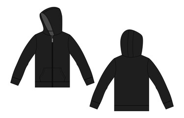Hoodie. Technical fashion flat sketch Vector template. Cotton fleece fabric Apparel hooded with zipper sweatshirt illustration black color mock up Front, back views.  © ClothingArtStudio 