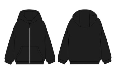 Hoodie. Technical fashion flat sketch Vector template. Cotton fleece fabric Apparel hooded with zipper sweatshirt illustration black color mock up Front, back views.  © ClothingArtStudio 