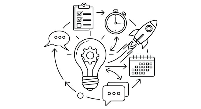 Innovation process with ideas planning and successful rocket launch