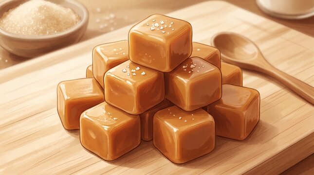 A stack of soft, square-cut salted caramel cubes.