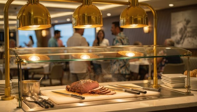 Medium view of a cruise dining carving station emphasizing the golden roast heat lamps above protective sneeze guard and carving knives with passengers softly blurred behind.