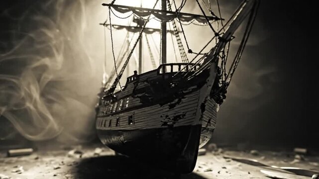 Dramatic sepia toned miniature ship model surrounded by smoke and blades on a rough surface