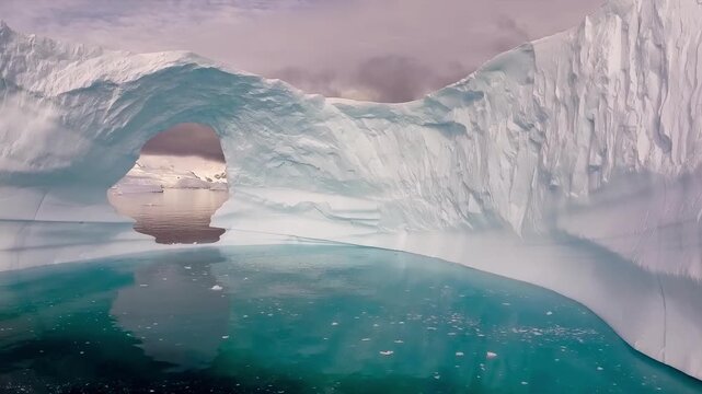 Majestic iceberg archway reveals serene polar waters and distant snow-capped mountains
