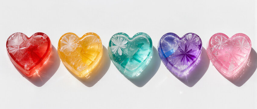Five Colorful Fruit Patterned Heart Ice Blocks in Row on White, Rainbow Love Crystal Collection Flatlay Photography