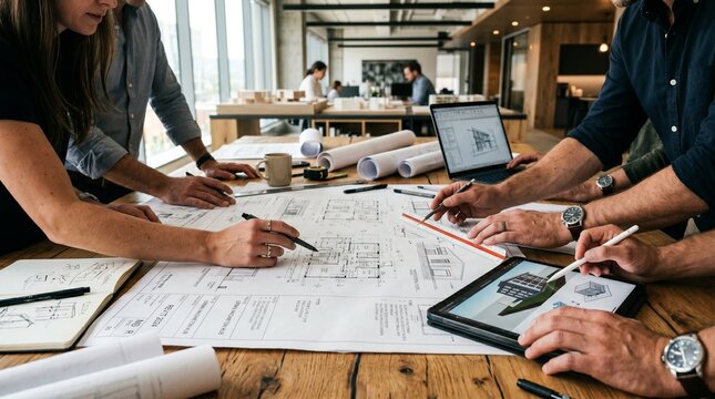 Architects collaborating on blueprints and digital models around a table