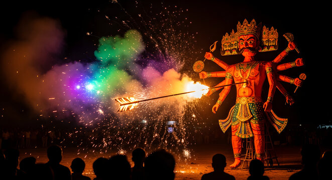 Towering effigy of Ravana ablaze during Dussehra festival.