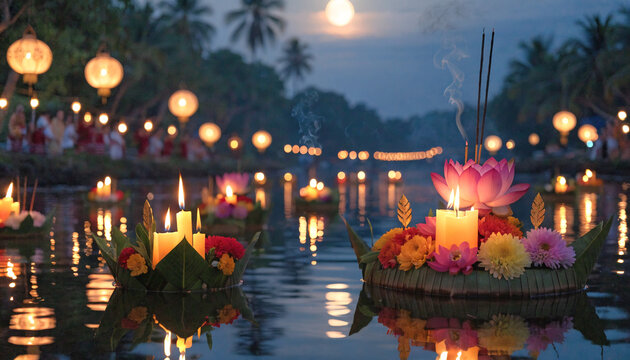 Magical Loy Krathong Festival Night with Floating Candle Lanterns on River