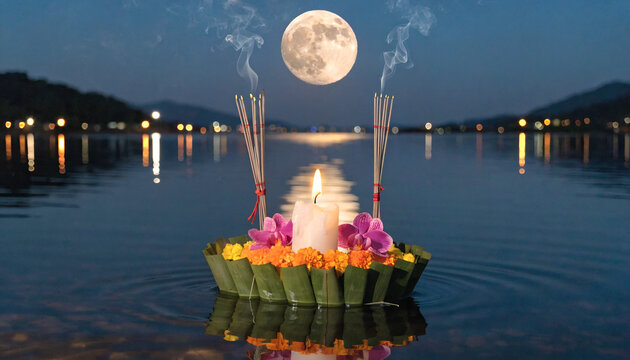 Magical Loy Krathong Festival Night with Floating Candle Lanterns on River