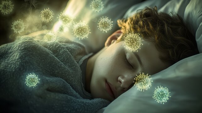 Young man guy sleeping under blanket with floating virus particles around illustrating immune response and exposure to infection during rest soft blue lighting creating calm yet scientific atmosphere