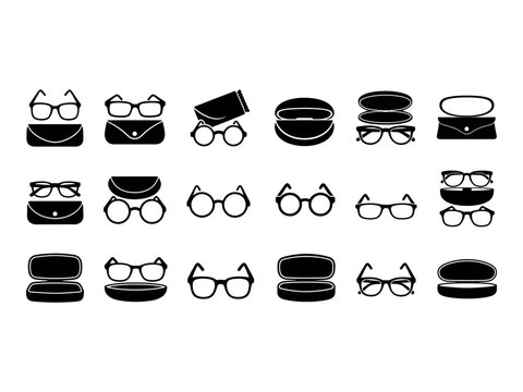 Eyewear collection a silhouette study of glasses and cases in black and white