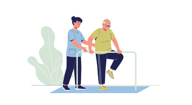 Physical therapist assisting elderly man with leg exercise on parallel bars in rehabilitation