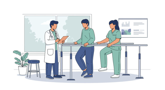 Physical therapist assisting patient with rehabilitation exercises using parallel bars