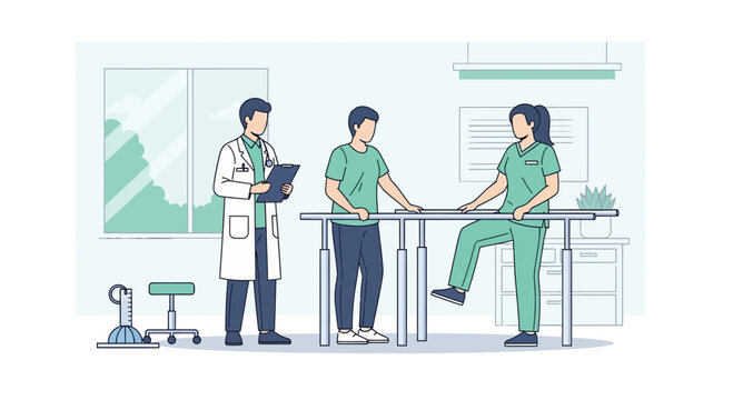 Physical therapy session with doctor and nurses assisting patient on parallel bars