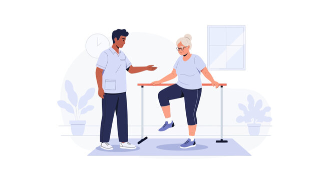 Physical therapist assisting elderly woman with leg exercise at ballet barre in clinic