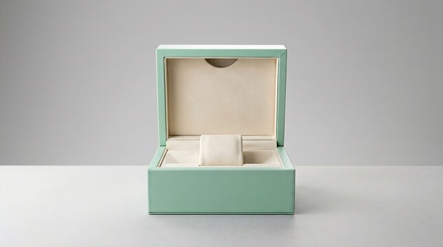 Elegant mint green leather luxury watch box open and empty for product presentation on minimalist gray studio background