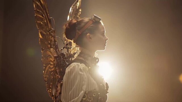 Young girl stands with large mechanical wings and goggles in a studio, showcasing a creative design inspired by steampunk themes during a photoshoot session