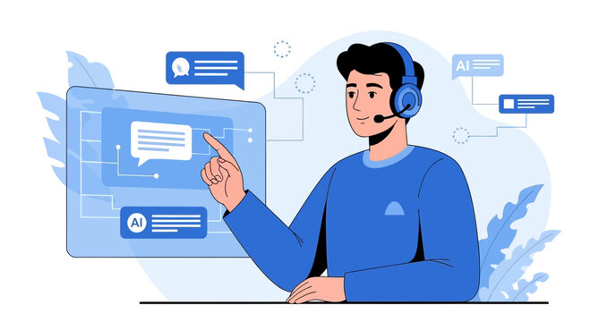 AI chatbot interaction: man with headset using interface for virtual assistant.