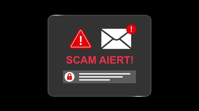 Scam Alert Notification with Warning and Email Icon Animation. 
