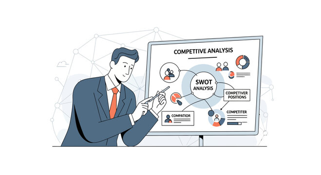 Business analyst presenting SWOT analysis and competitive strategies on screen