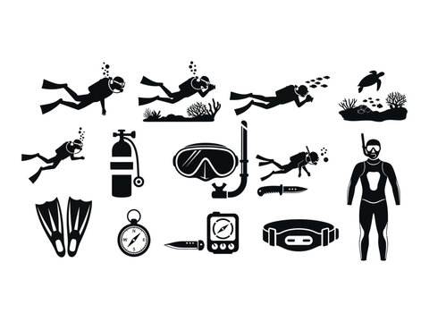 Black silhouette icons of scuba diving and equipment for underwater exploration