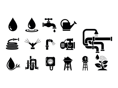 Water resources silhouette icons a collection of plumbing hydrology and irrigation symbols