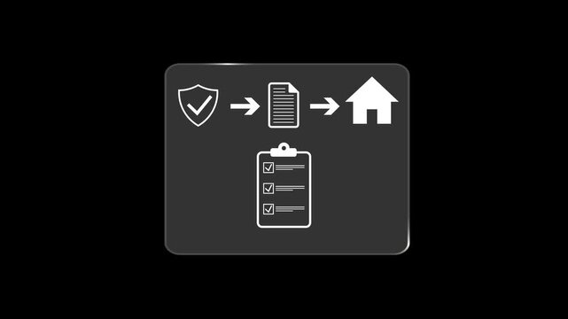 Secure Document Transfer Workflow to Home Icon Animation. Data Protection Process with Shield and Checklist. Secure File Management Workflow.
