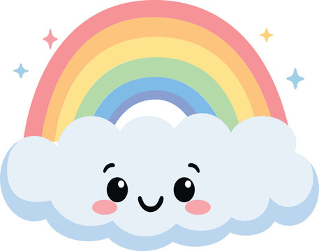 Cute kawaii colorful rainbow with smiling cloud cartoon character sparkles isolated white background children weather icon vector illustration sticker nursery design
