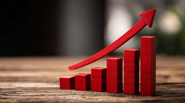 A wooden red bar graph with an upward arrow illustrating business growth on a wooden table